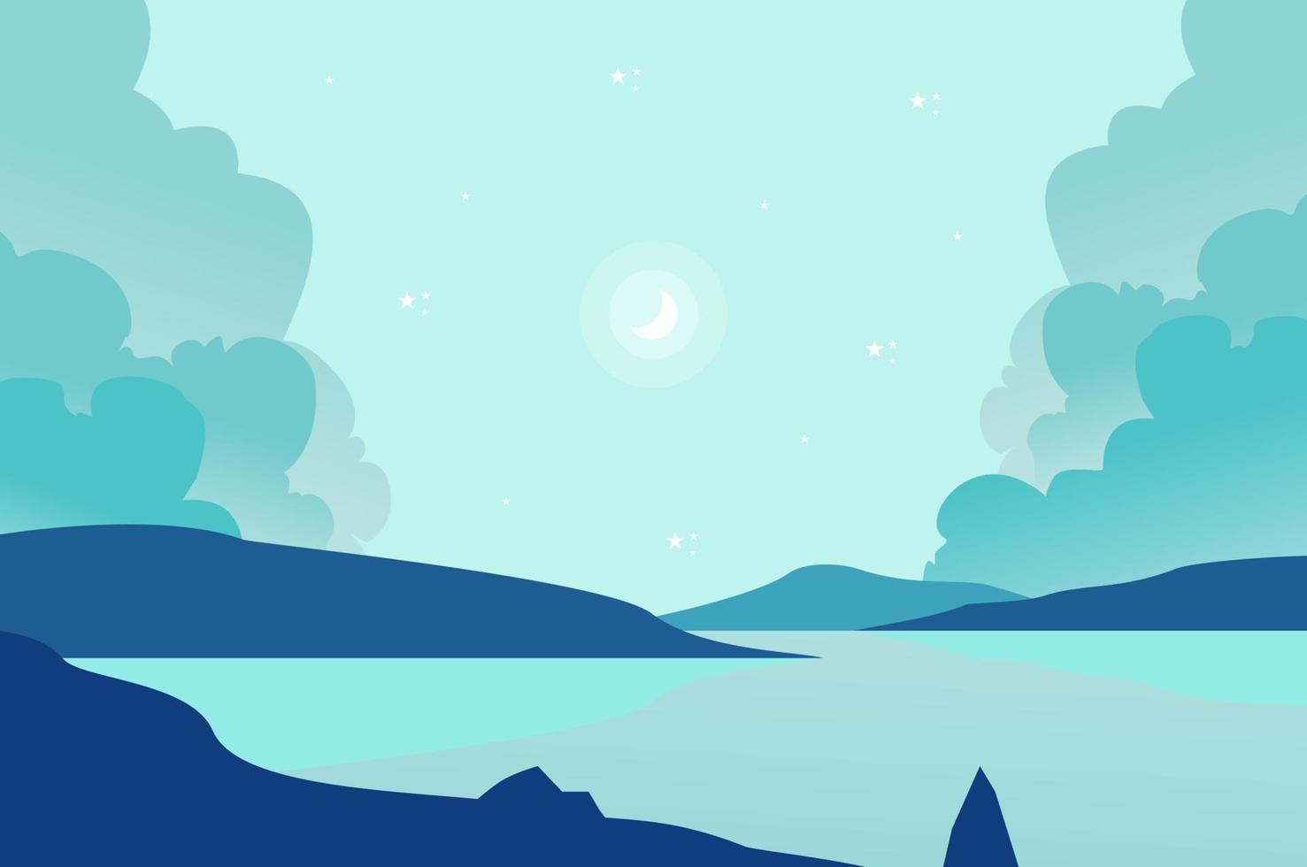 vector ilustración de un azul paisaje con río y montañas en el antecedentes.