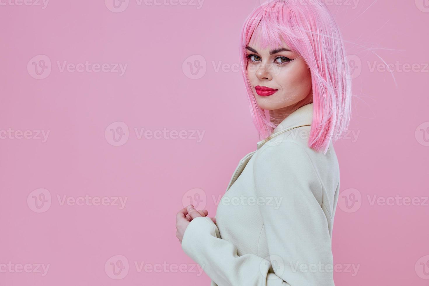 Beauty Fashion woman in White blazer pink hair Glamor Cosmetics color background unaltered photo