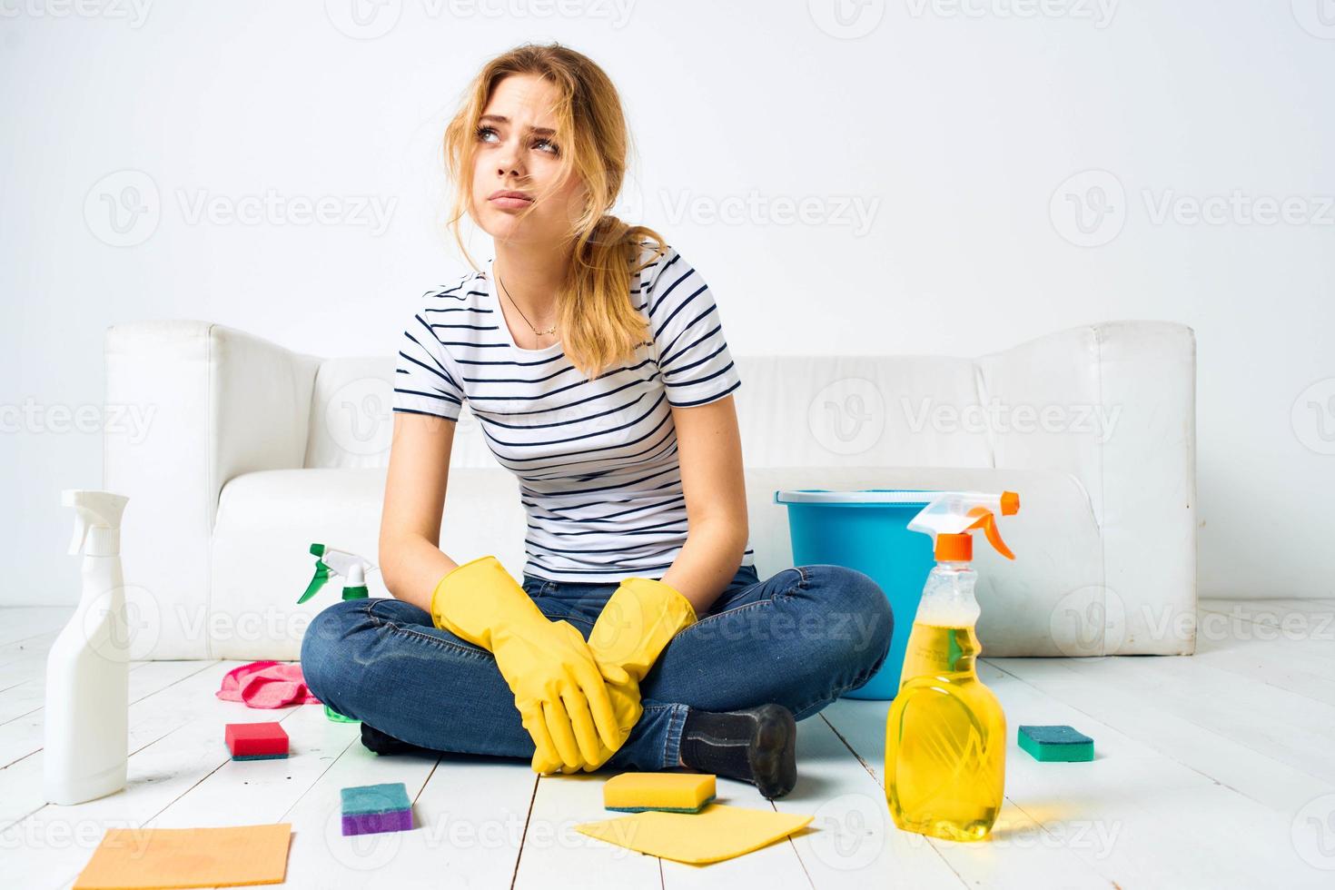 Woman home cleaning housework care detergent interior photo