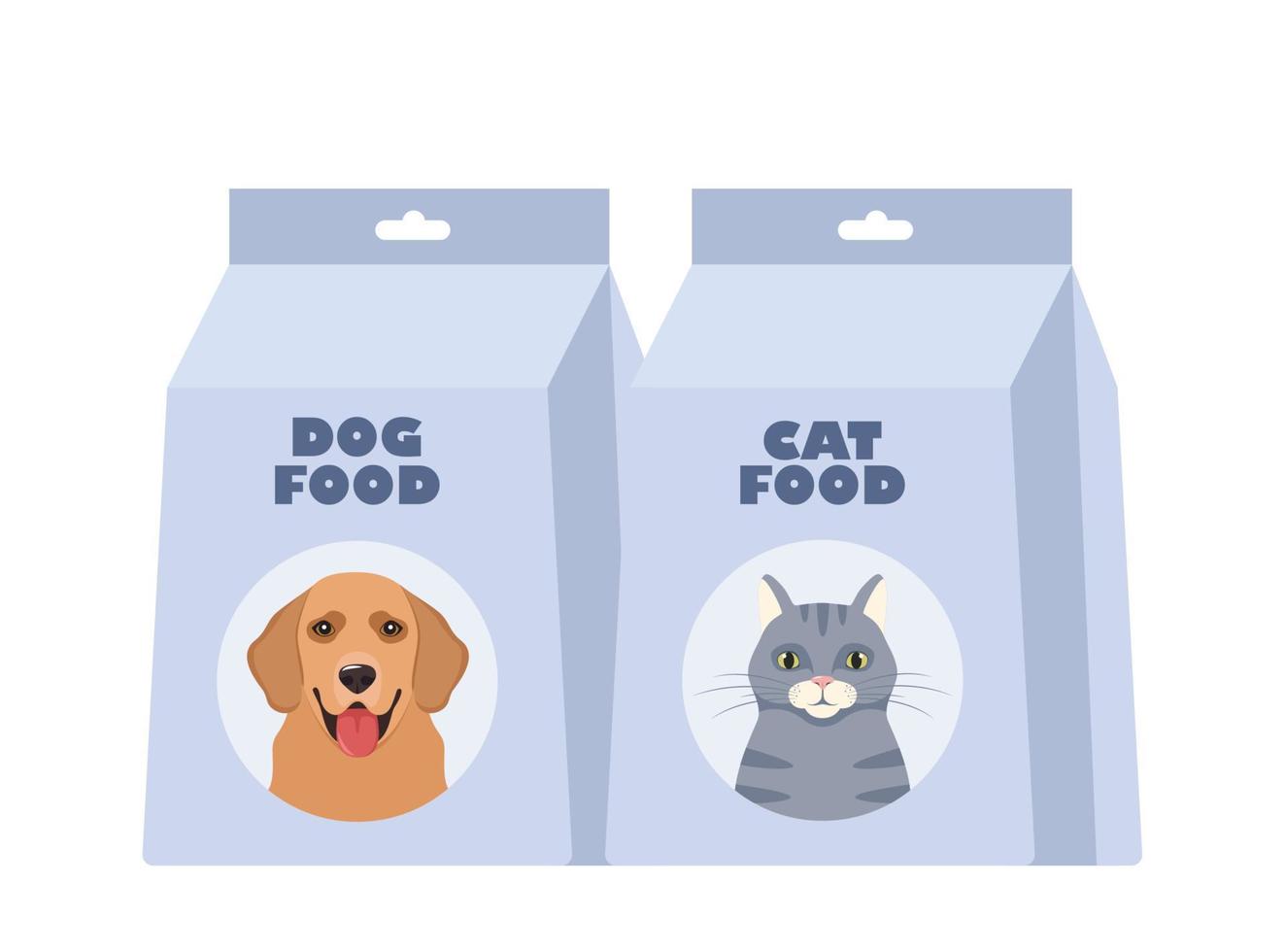 Dog or cat food packs. Packages of dry canine and feline food. Pet shop, domestic animal, care concept. Vector illustration.