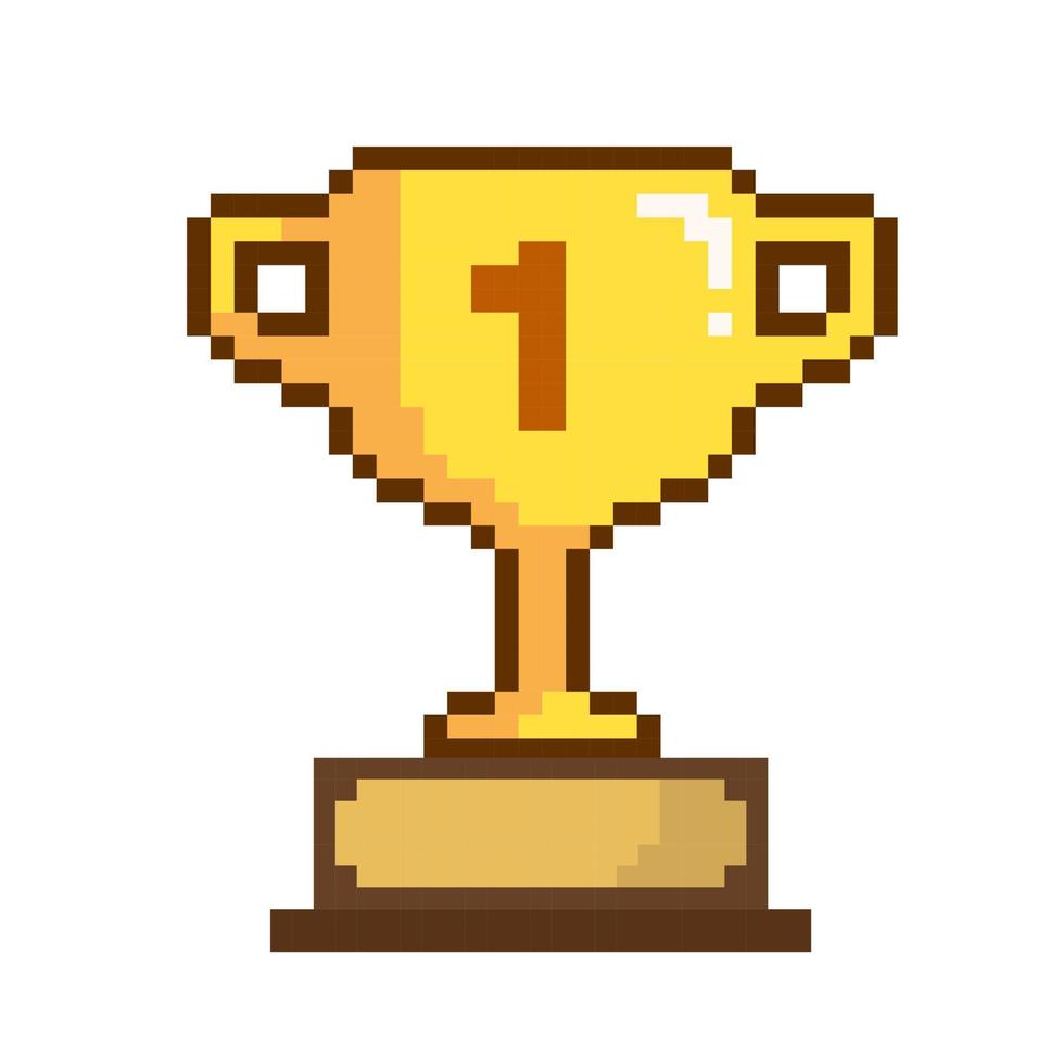 pixelado trofeo diseño, píxel dorado trofeo, el ganador trofeo taza píxel Arte primero sitio vector