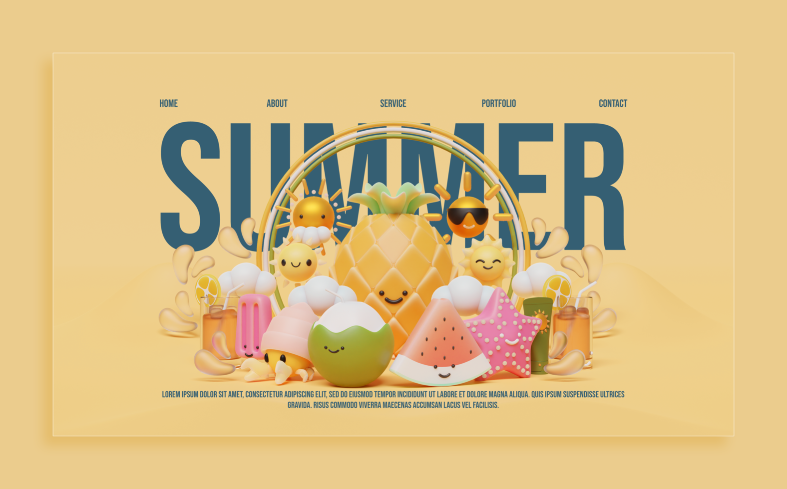 Summer Landing Page Template With Pineapple 3D Render Illustration psd