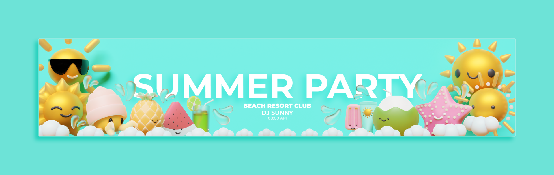 Summer Party Banner Template With 3D Render Illustration psd