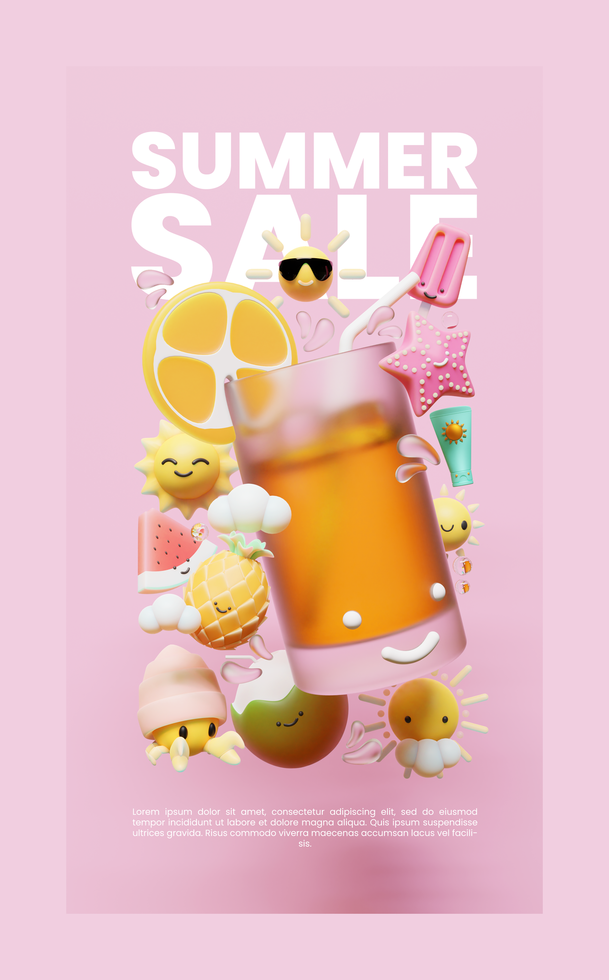 Summer Social Media Story Template With Beverage 3D Render Illustration psd