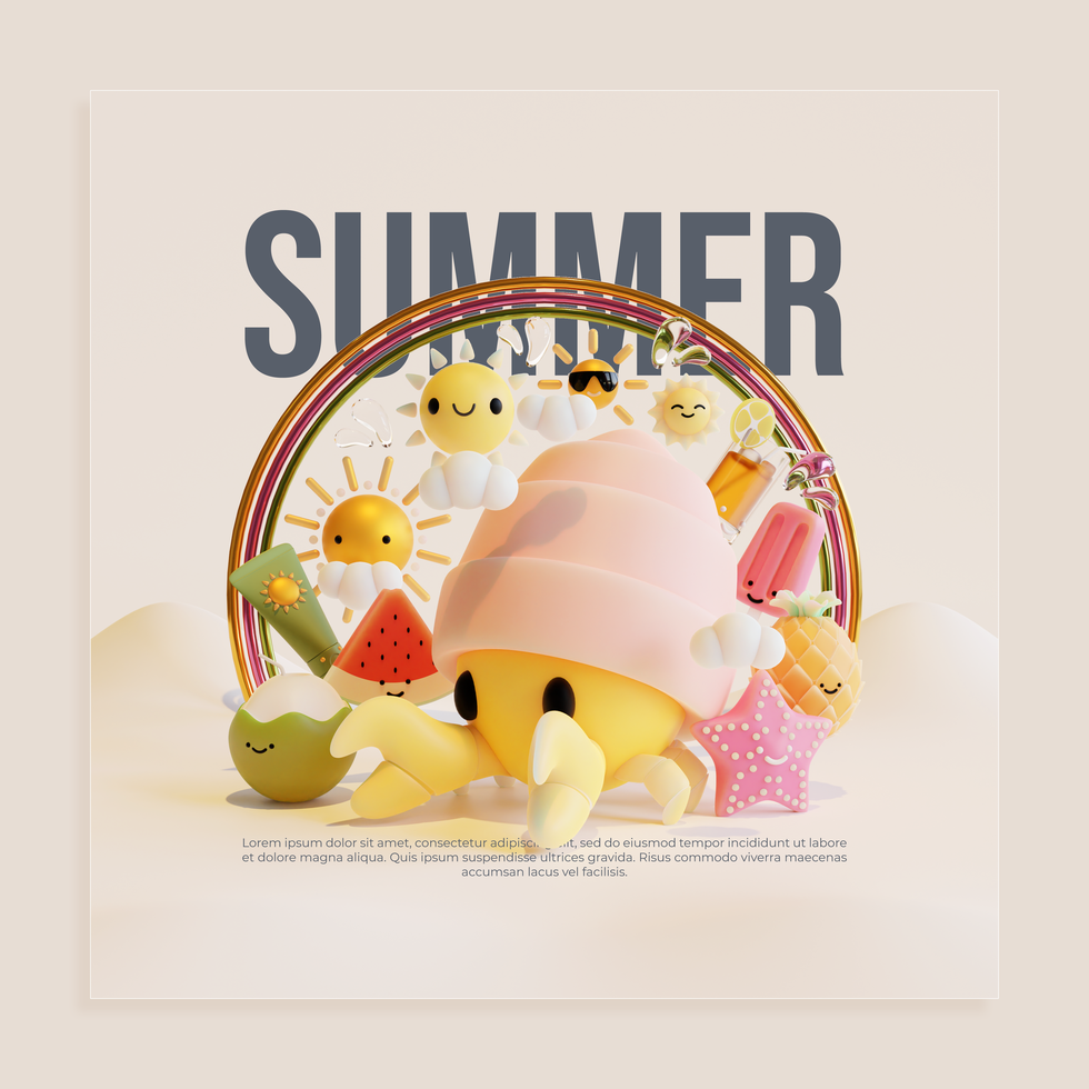 Summer Social Media Post Template With Hermit Crab 3D Illustration psd