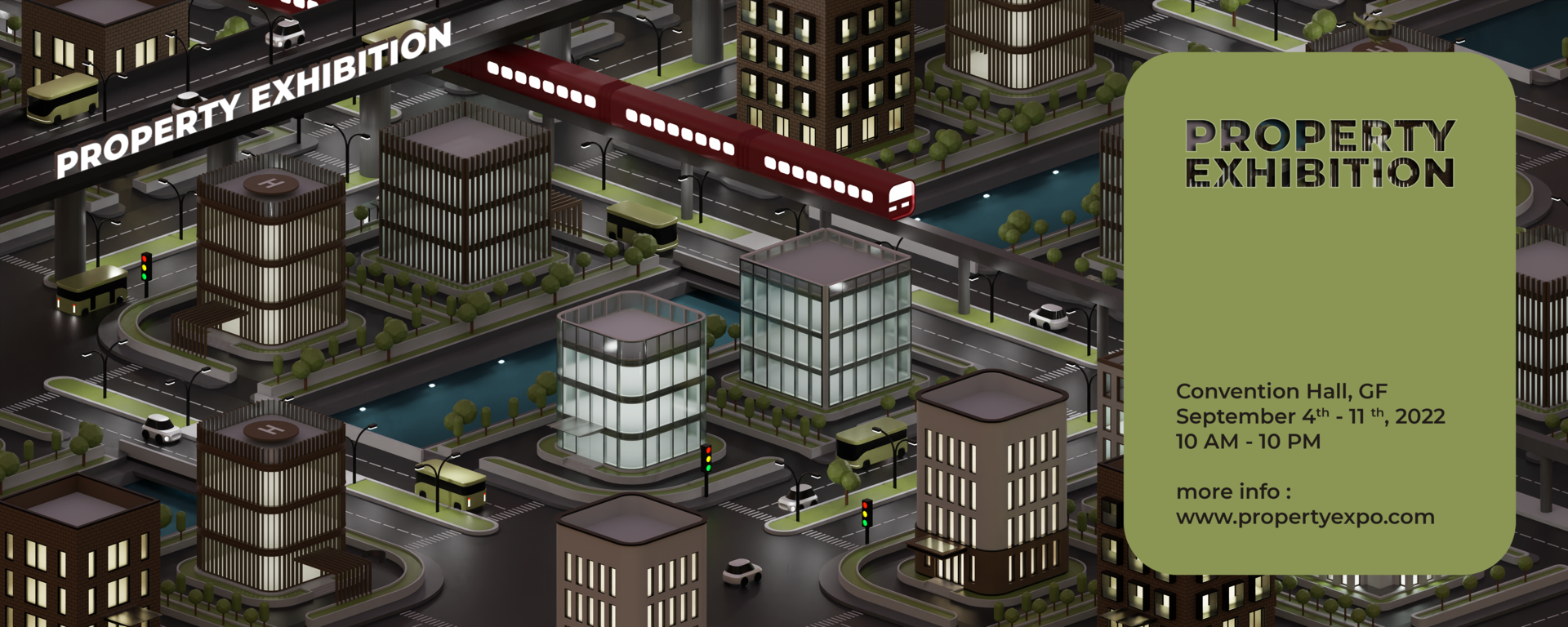 Property Exhibition Web Banner Template With Isometric City 3D Illustration Background psd