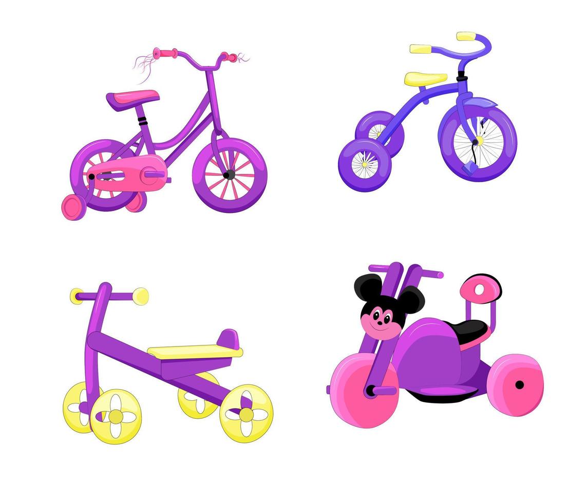 Bright children's bicycles. Tricycles. Vector illustration.