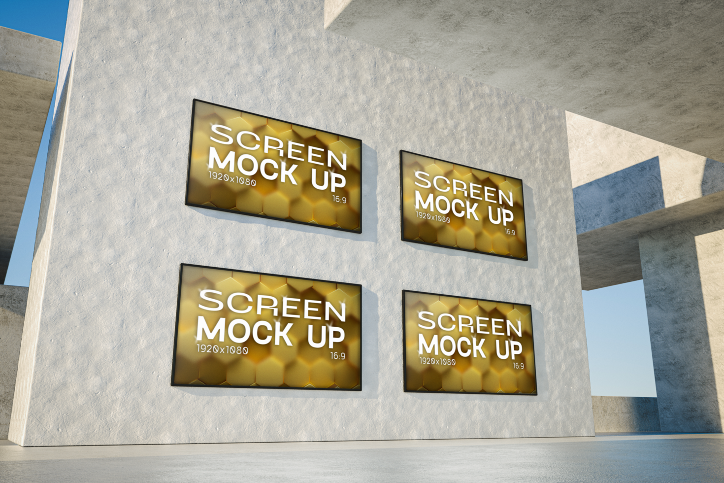 3d render. Mockup of a set of four blank horizontal advertising posters or screens at outdoor. Ad and promotion concept psd