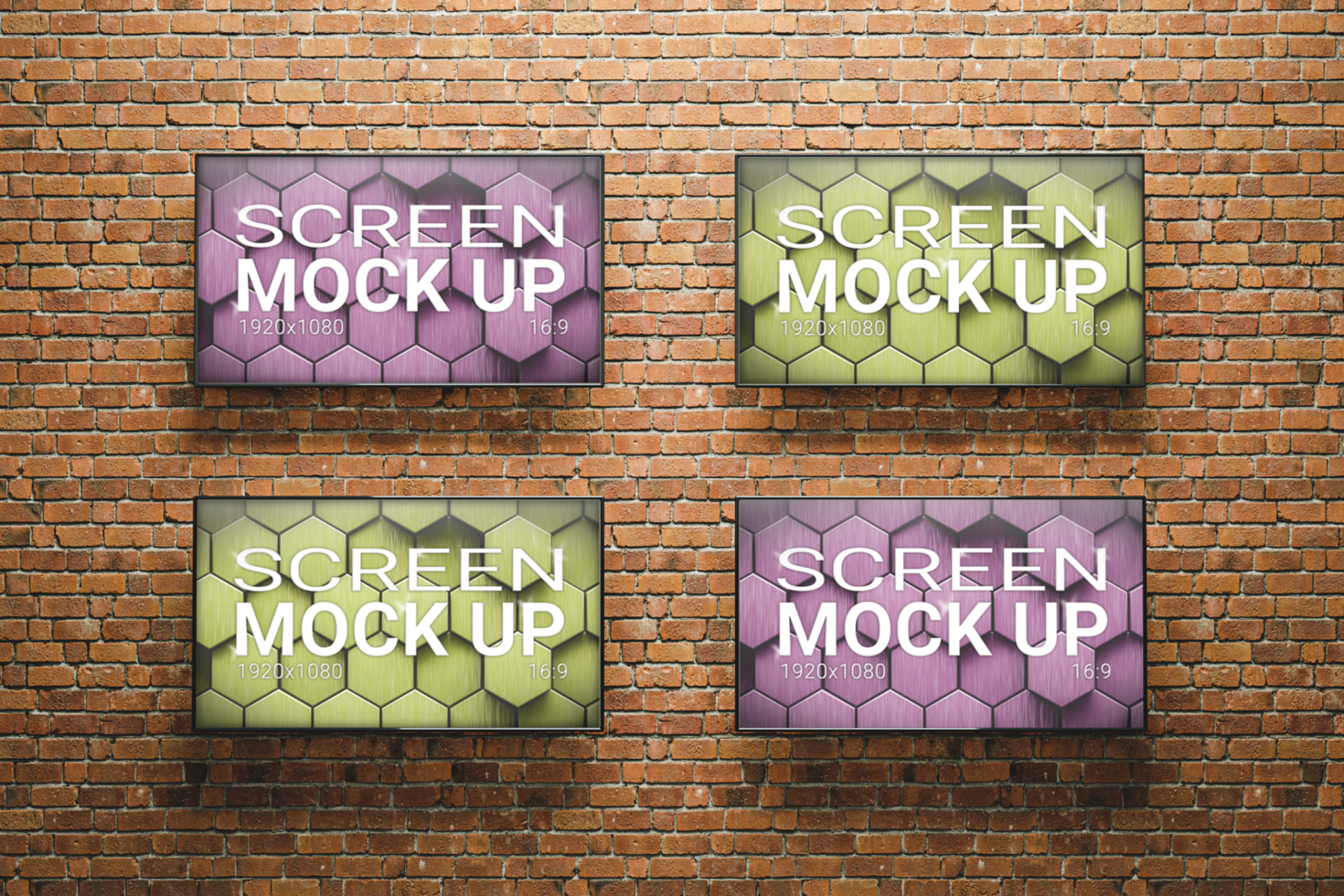 3D render. Mockup of four vertical blank advertising posters or screens on bricks wall. Easy to edit psd