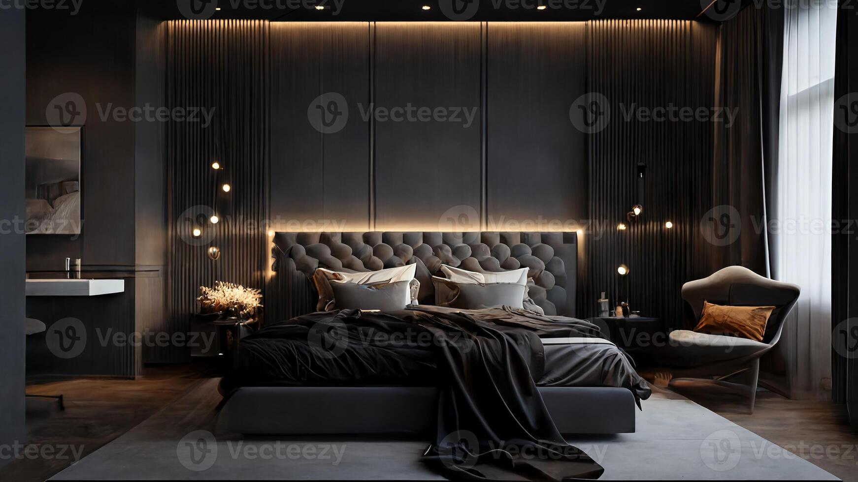 Modern interior of the room, a large bed in dark tones in daylight, generative ai. 22313458 Stock at Vecteezy