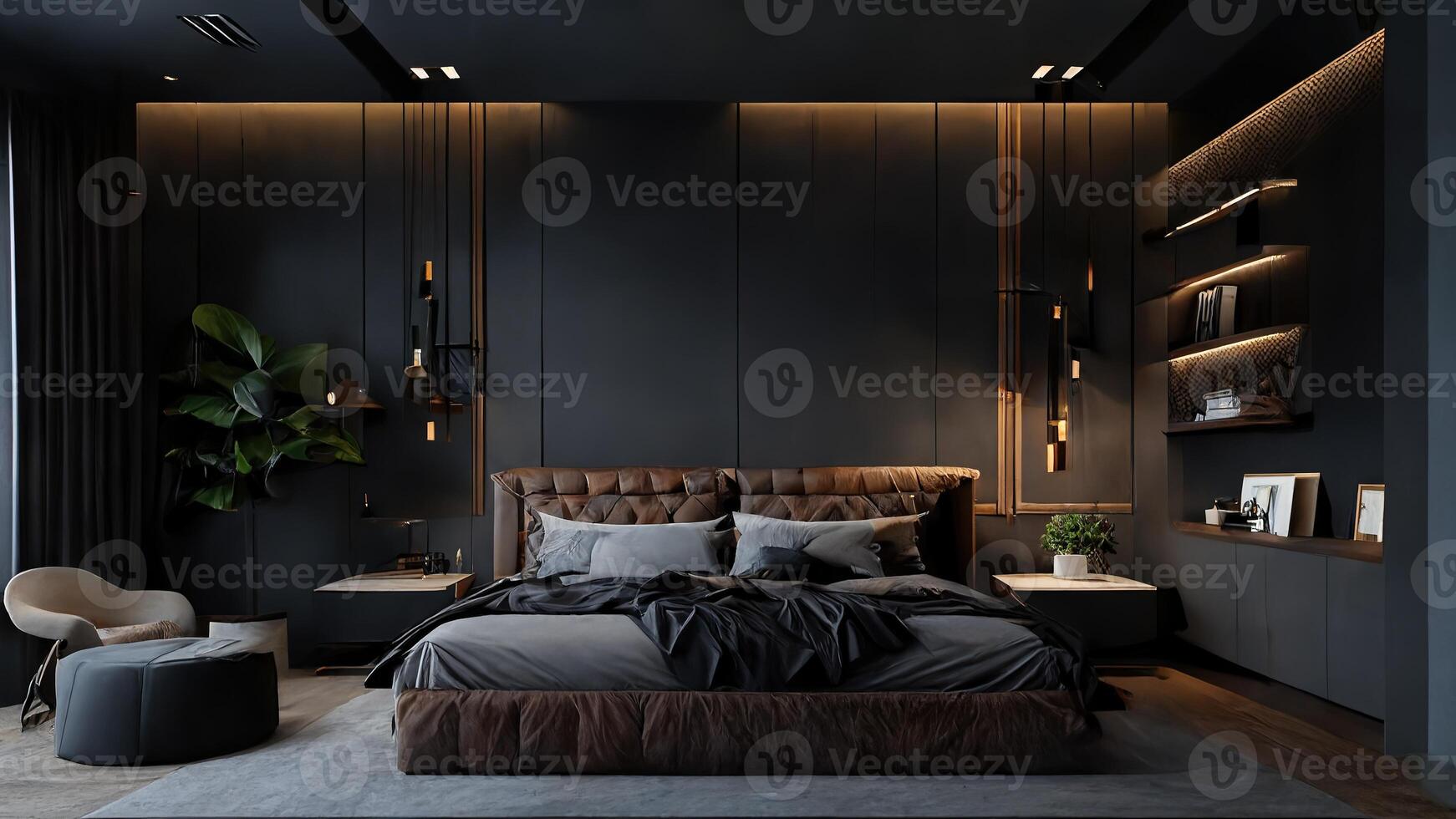 moderno elegante interior de el hotel habitación, un grande dormido cama en oscuro tonos en luz, generativo ai. foto