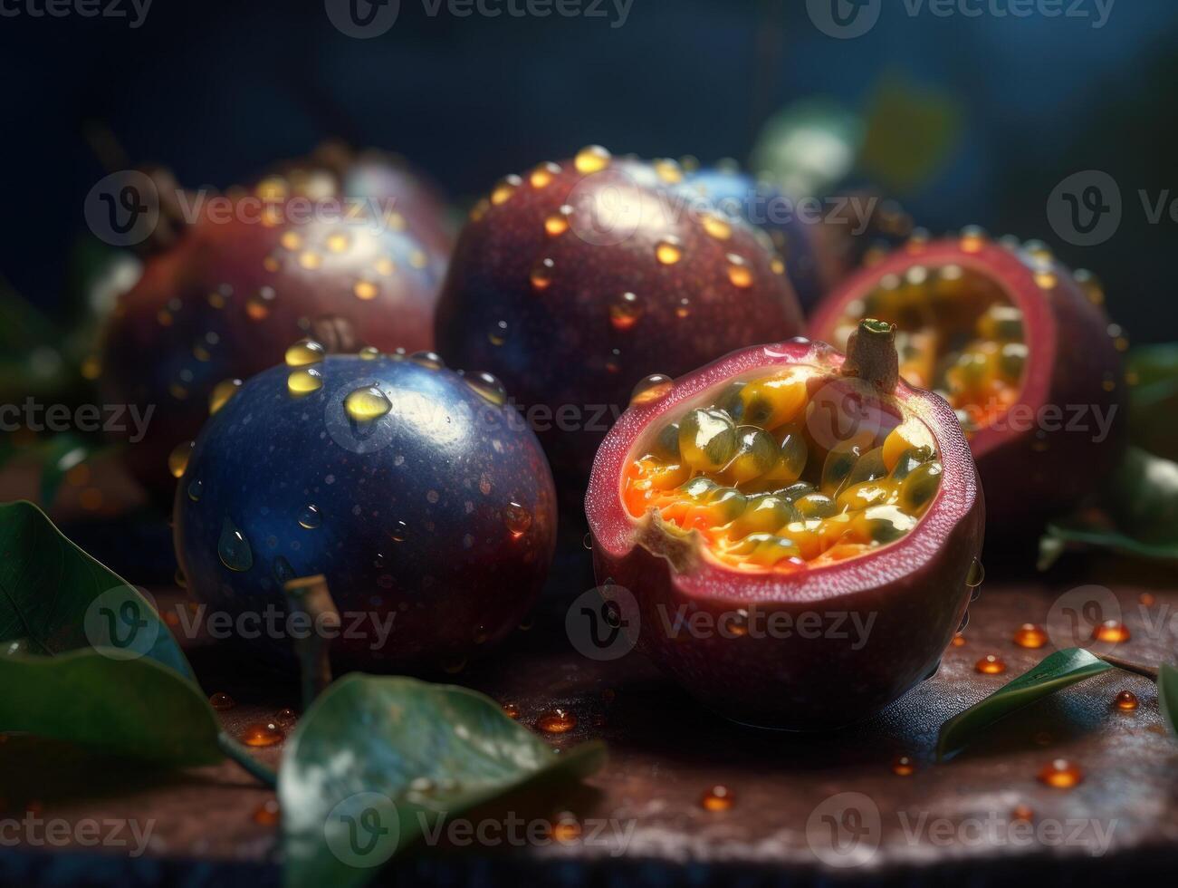 Beautiful organic background of freshly picked passion fruit created with technology photo