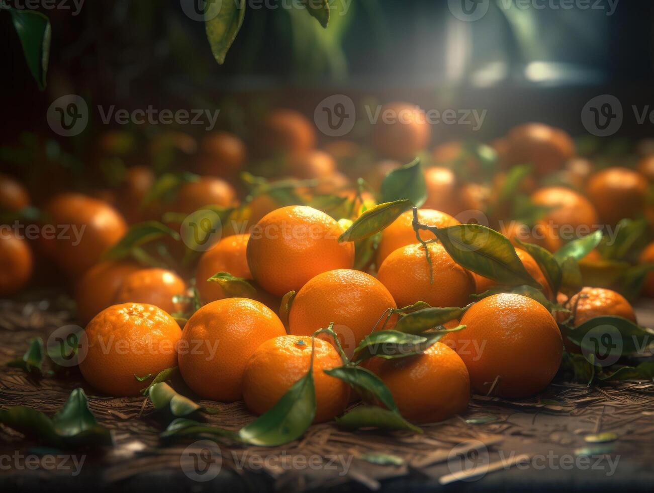 Beautiful organic background of freshly picked mandarines created with technology photo