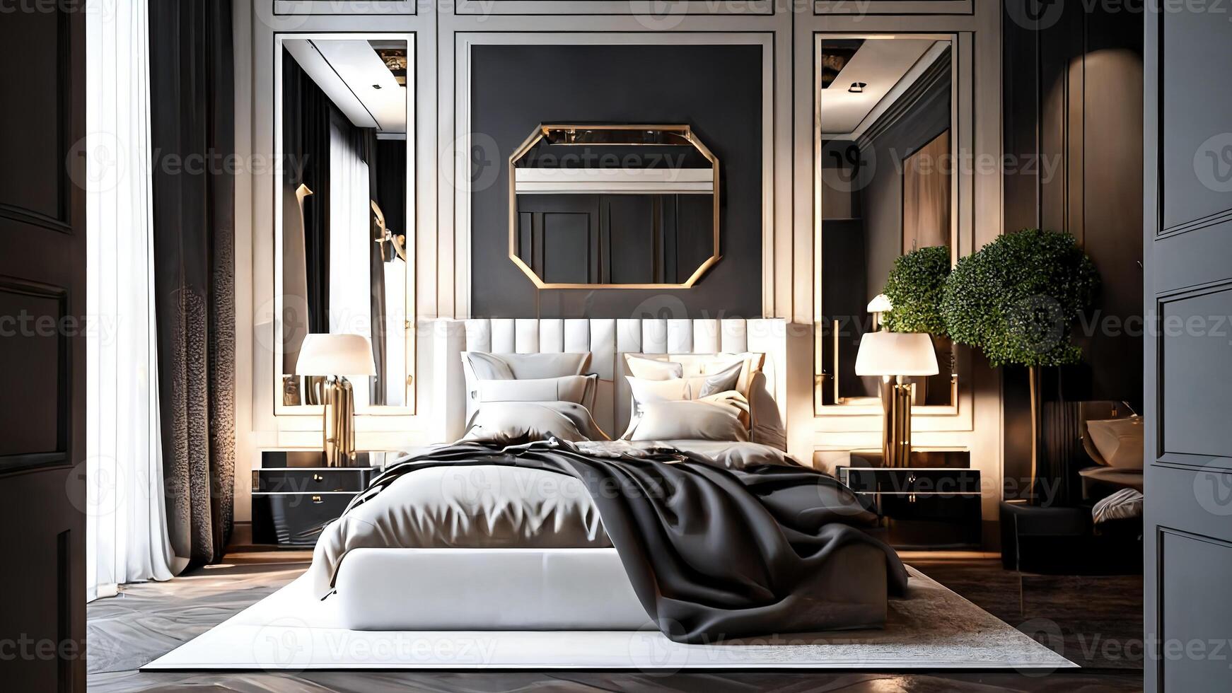 Interior of a classic house, a bedroom with a large bed and dark wooden furniture, . photo