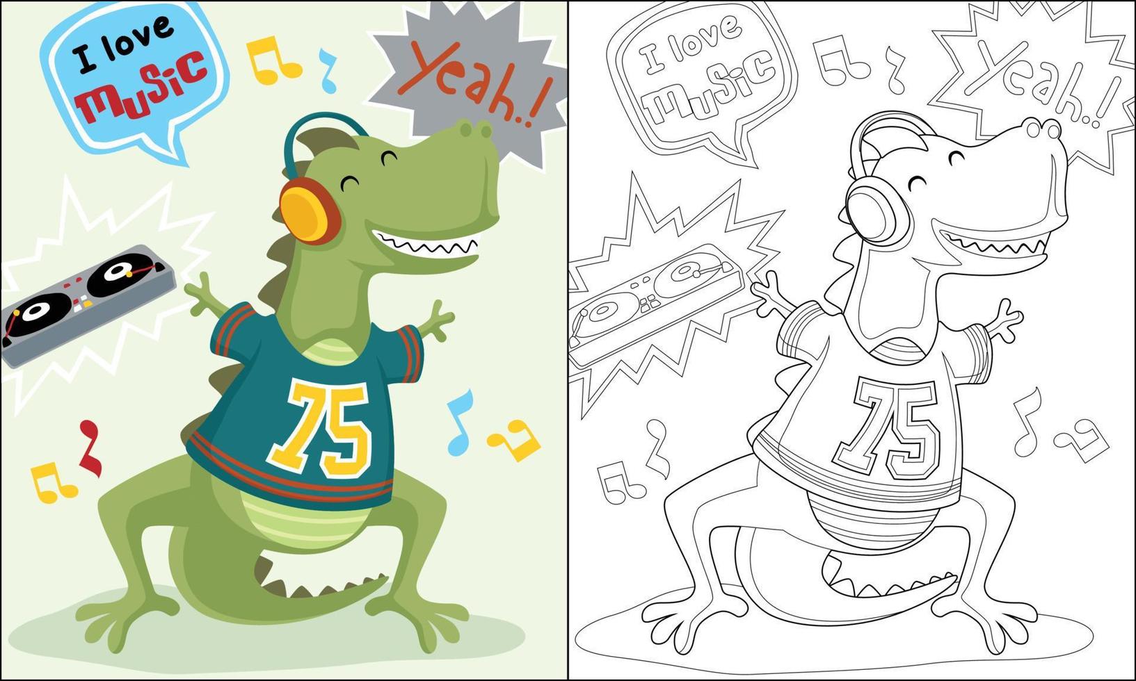 Coloring book of funny dinosaur cartoon with headphone dancing, DJ music element illustration vector