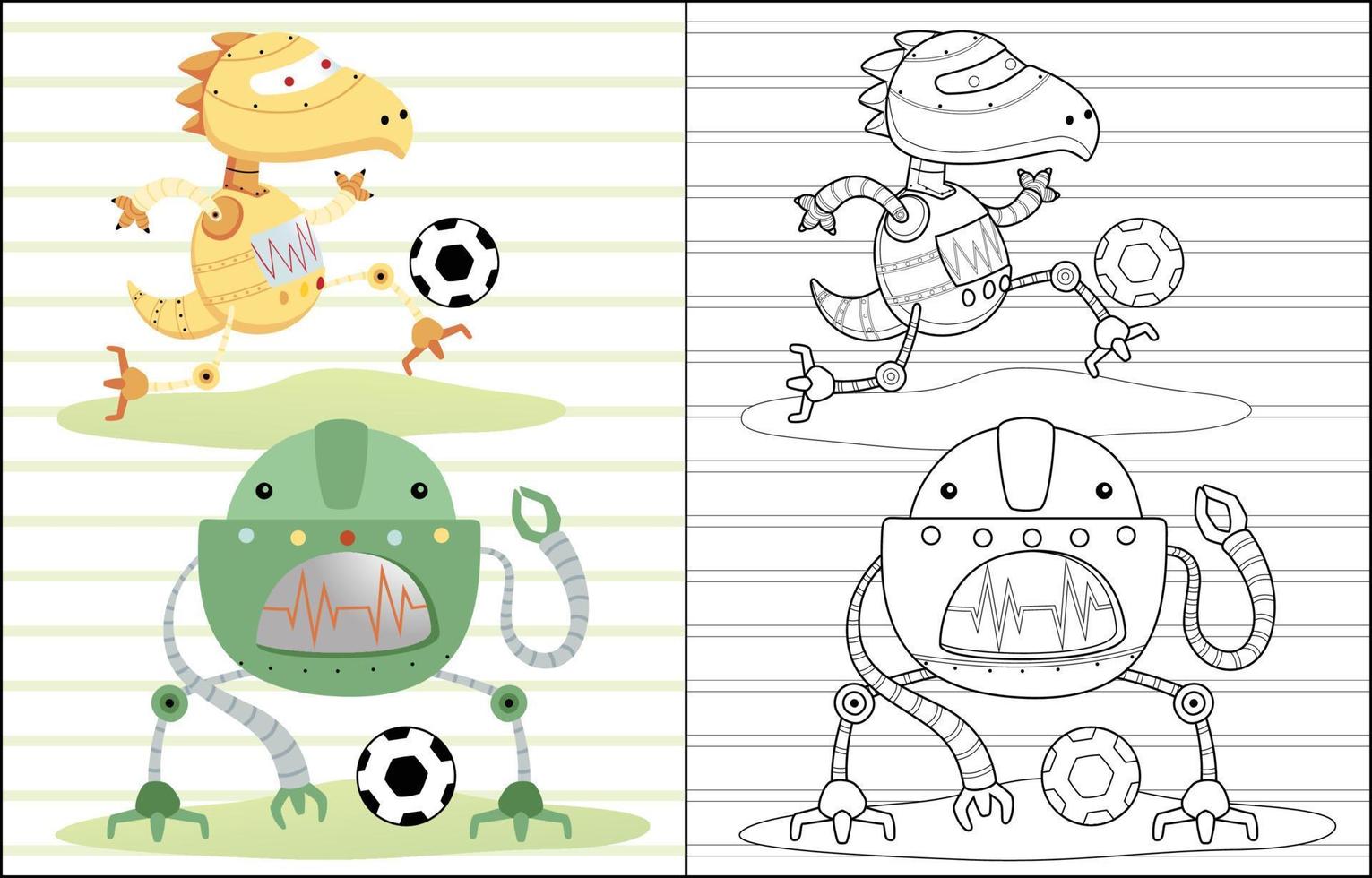 gracioso robots dibujos animados jugando fútbol, colorante libro o página vector