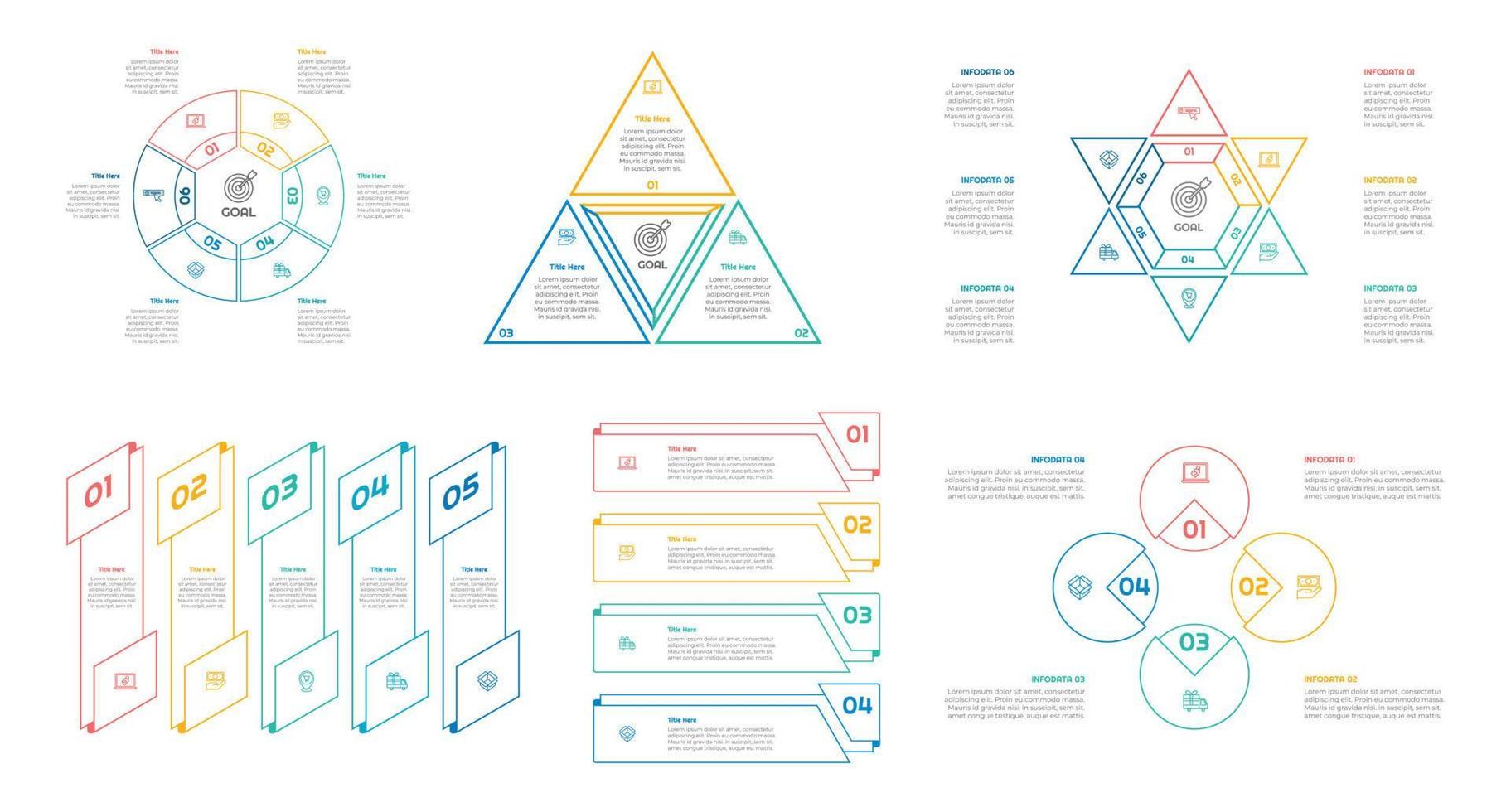 Infographic bundle set with 4, 5, 6 steps, options or processes for workflow layout, diagram, annual report, presentation and web design. vector