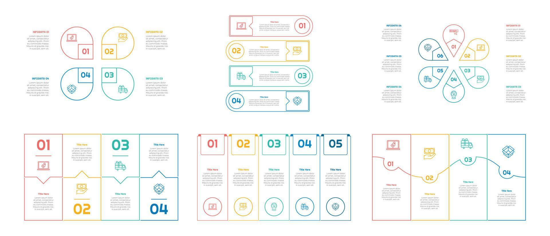 Infographic bundle set with 4, 5, 6 steps, options or processes for workflow layout, diagram, annual report, presentation and web design. vector