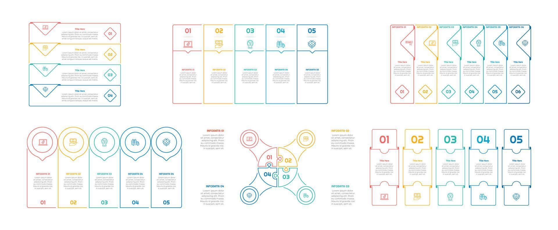 Infographic bundle set with 4, 5, 6 steps, options or processes for workflow layout, diagram, annual report, presentation and web design. vector