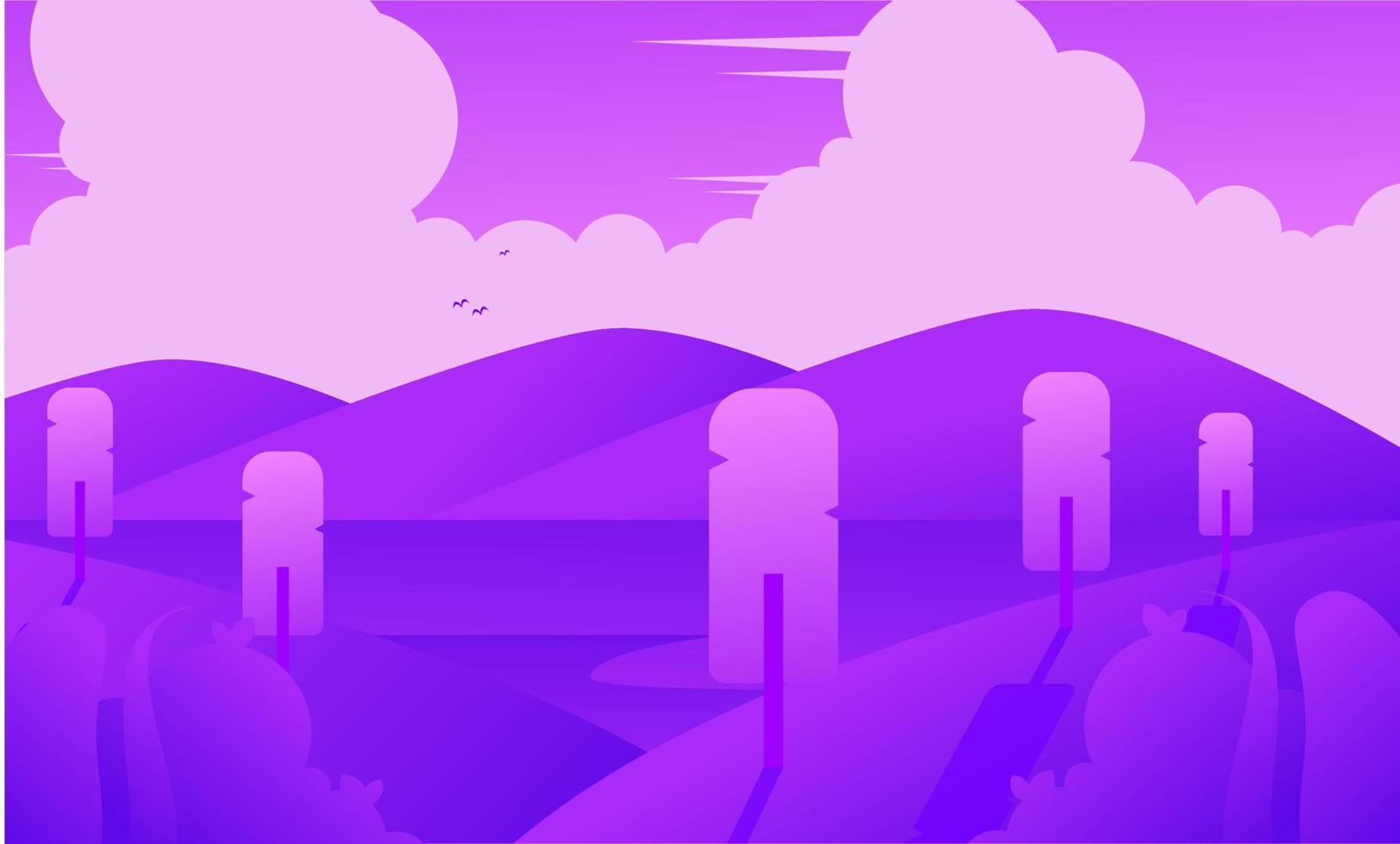 A purple illustration of a purple landscape with a purple background and a purple sky with clouds. vector