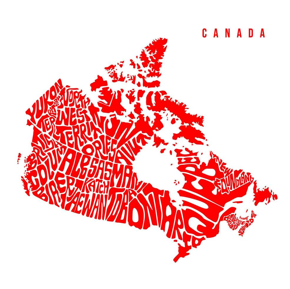 Canada map lettering in red color. Canada map typography states. vector