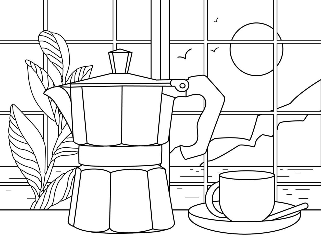 Coloring page for kids and adults. Hand drawn vintage objects. Coffee maker or percolator, morning view, flowers. Beautiful drawing with patterns and small details. Coloring book picture vector