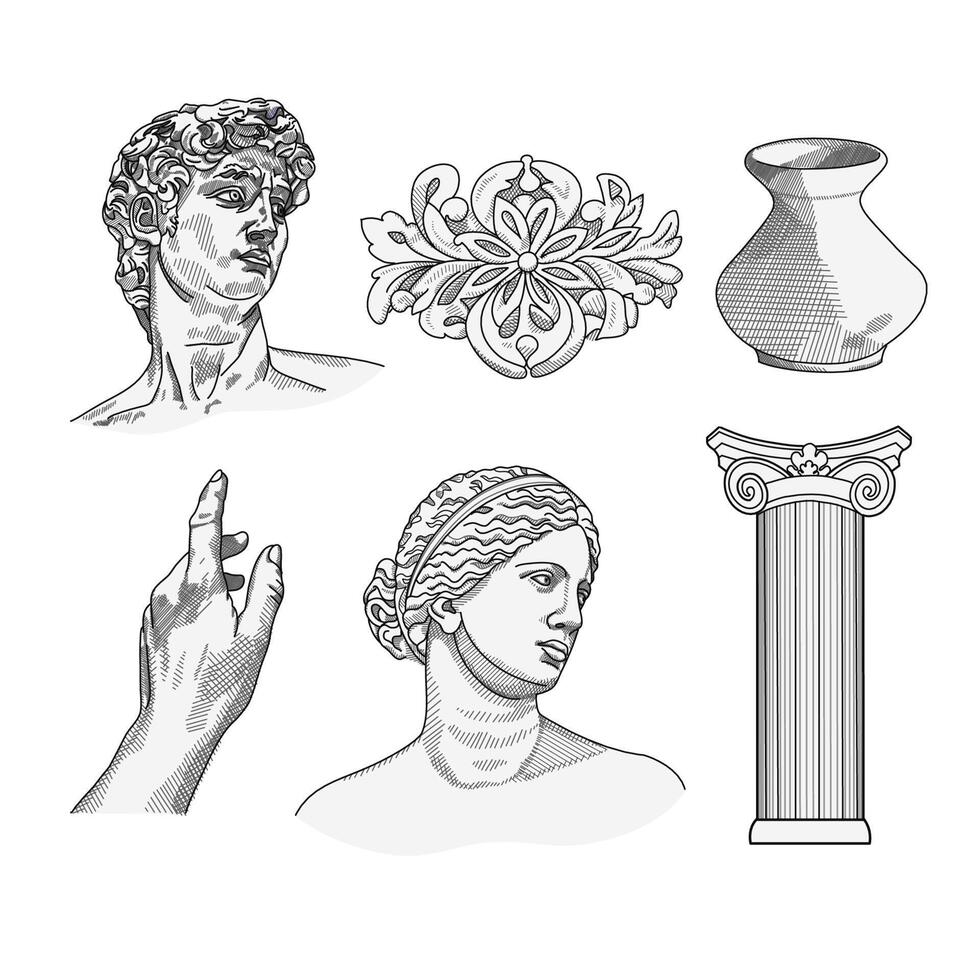 Antique statues, bust, pillar, amphora, column. Different objects. Mythical, ancient greek or roman style. Hand drawn sculpture illustration. Classic statues in modern style. Collage art elements vector