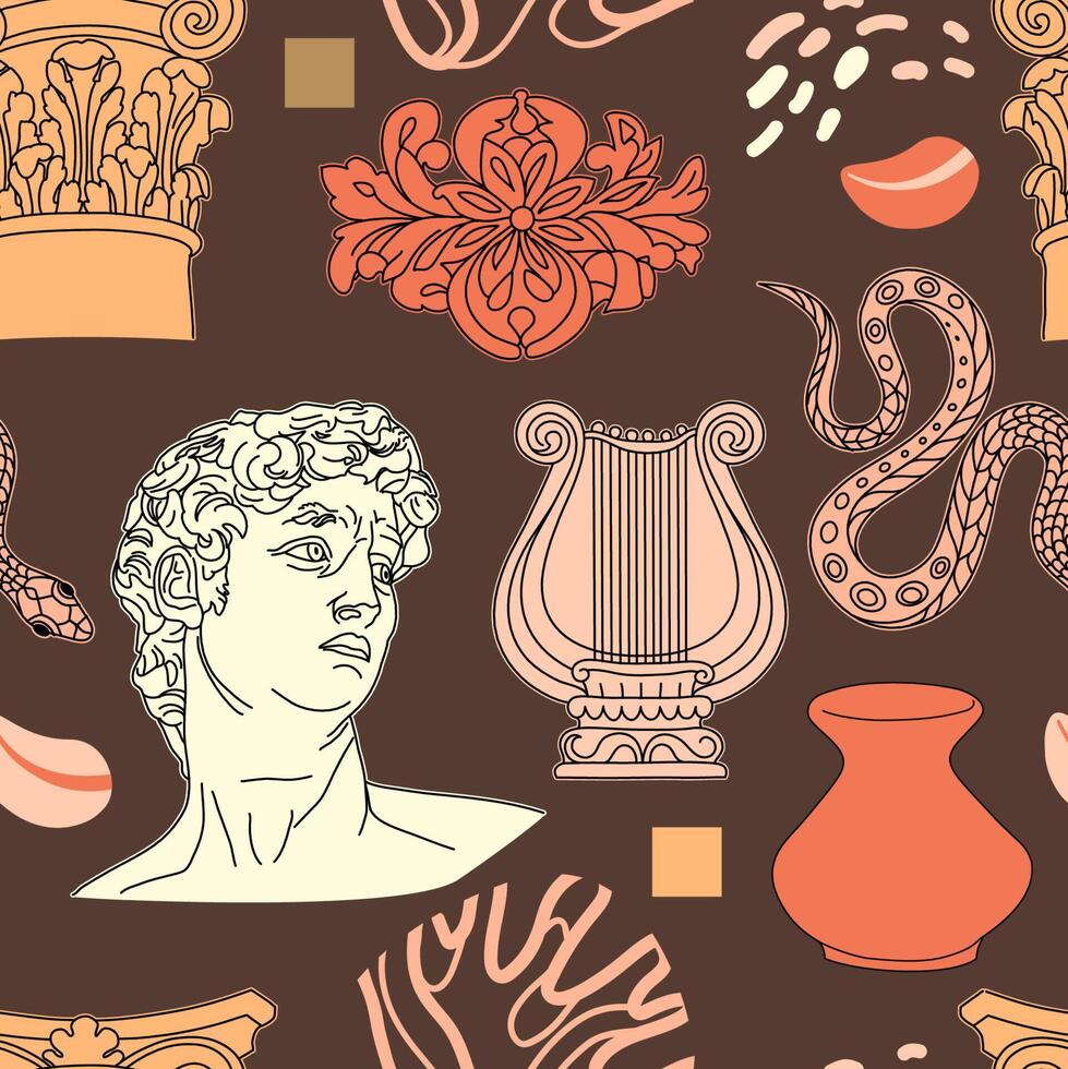 Seamless pattern with ancient statues. Ancient Greek sculpture elements, harp, hipster trendy style background, branches, column capitals. Decor textile, wrapping paper wallpaper vector print