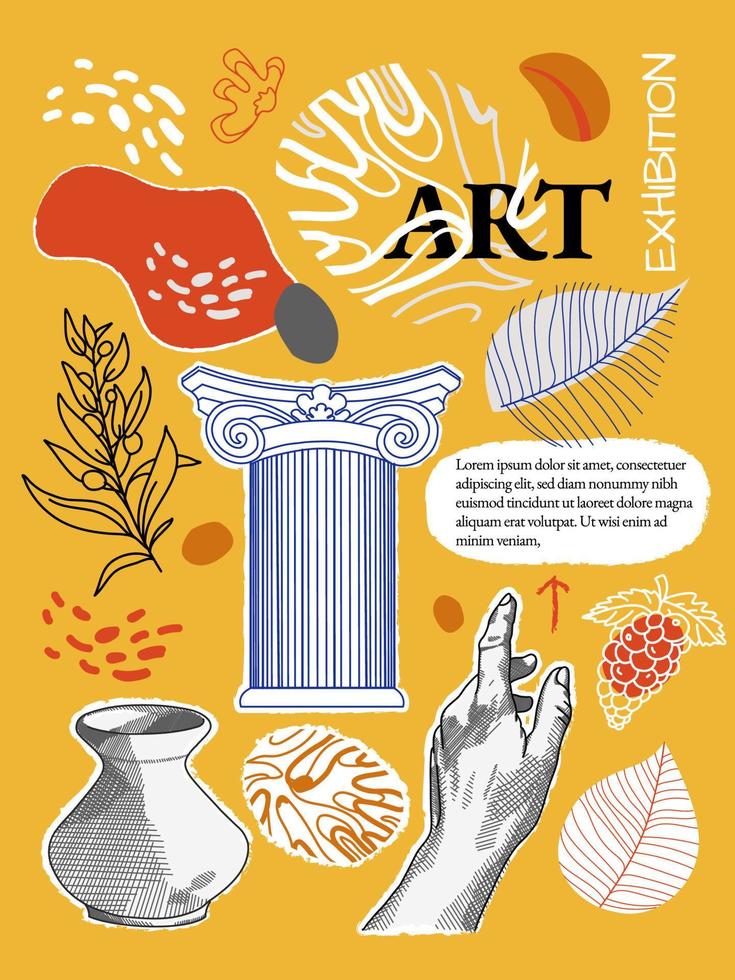 Creative flyer or poster concepts with abstract geometric shapes and human silhouettes on yellow background. Roman and Greek vector illustration. Art posters for the exhibition,  magazine or cover