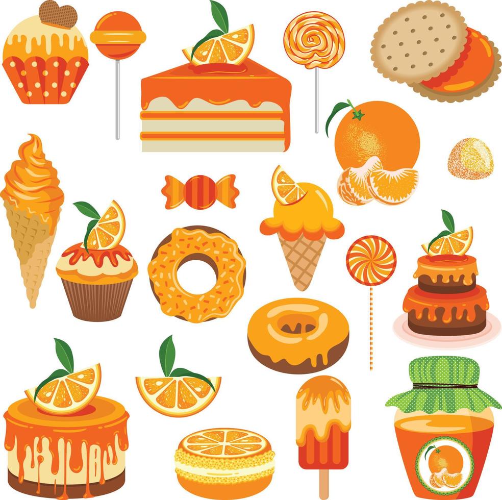 Set of digital elements with orange fruit candies vector