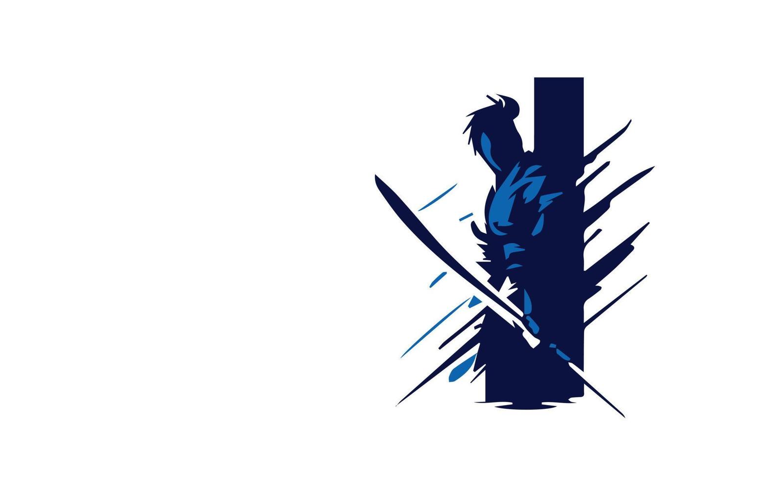 samurai con espada en azul y blanco color vector