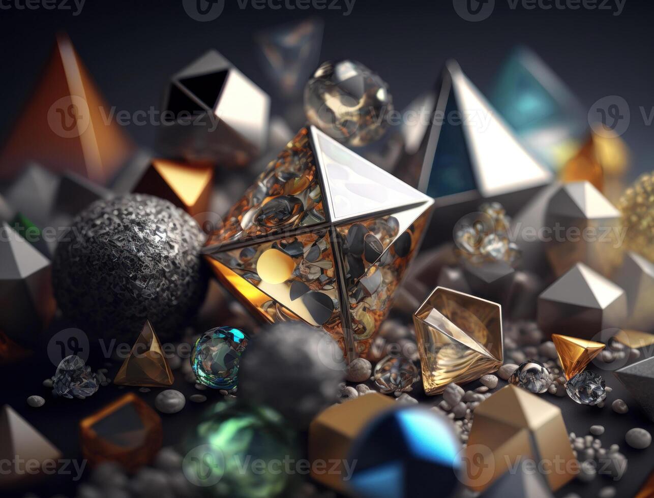Abstract chaotic geometric background Glossy pyramids and spheres background created with technology photo