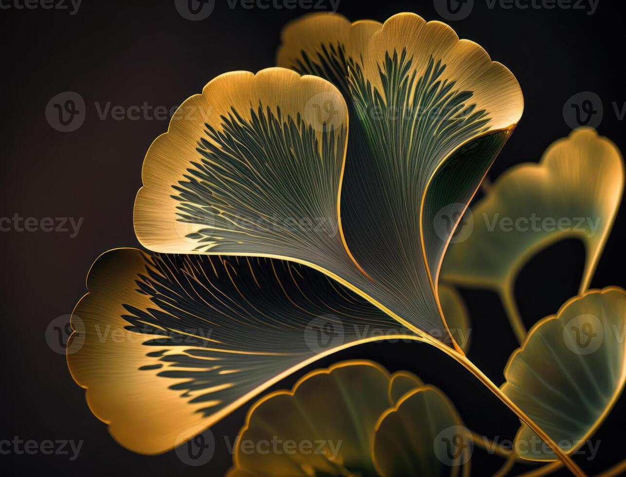 Ginkgo biloba golden leaves Dark background created with technology photo