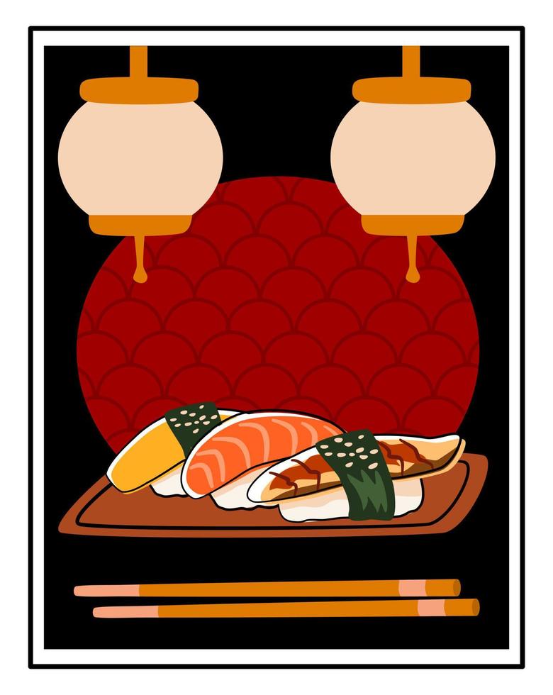 japonés Sushi conjunto con auténtico oscuro antecedentes y palillos. Anguila, salmón y tortilla nigiri rollos vector