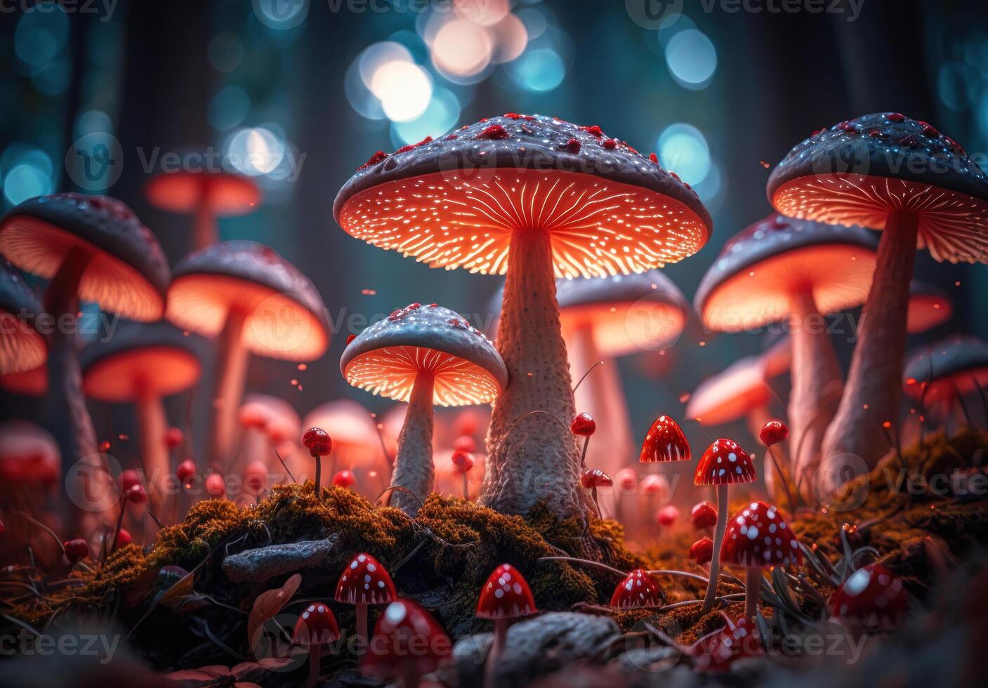 Fantasy mushroom landscape in the forest created with technology photo