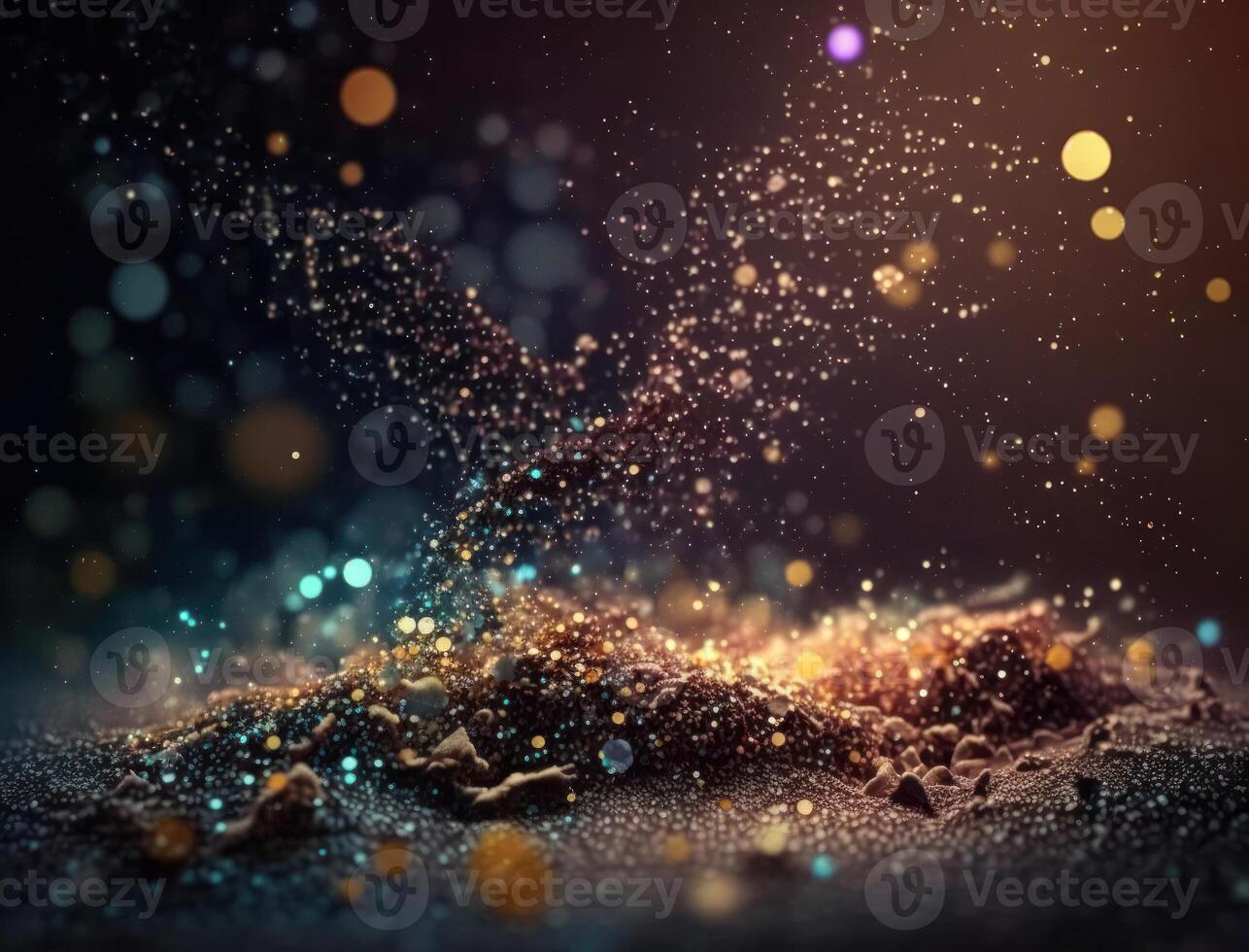 Dark blue and glow particle abstract background Blurry bokeh background with sparkles, particles and glitter created with technology photo