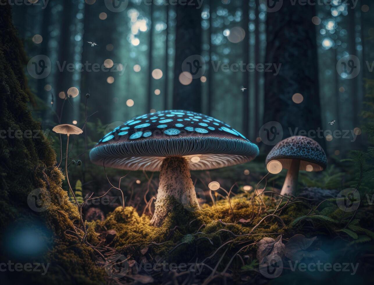 Fantasy mushroom landscape in the forest created with technology photo