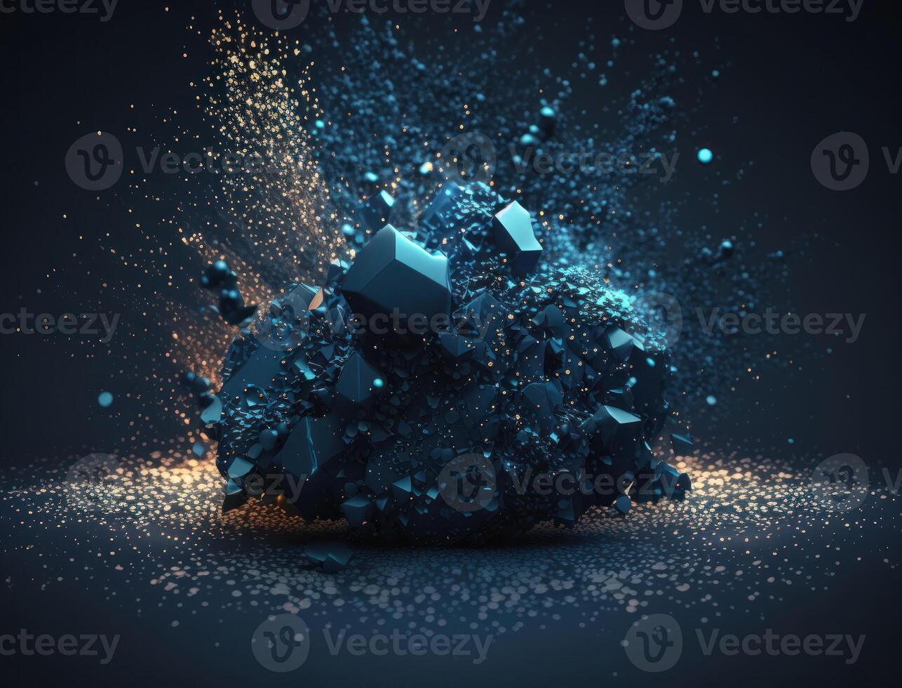 Dark blue and glow particle abstract background Blurry bokeh background with sparkles, particles and glitter created with technology photo