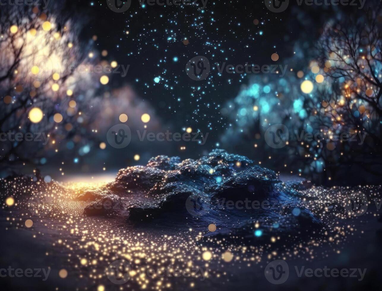 Dark blue and glow particle abstract background Blurry bokeh background with sparkles, particles and glitter created with technology photo