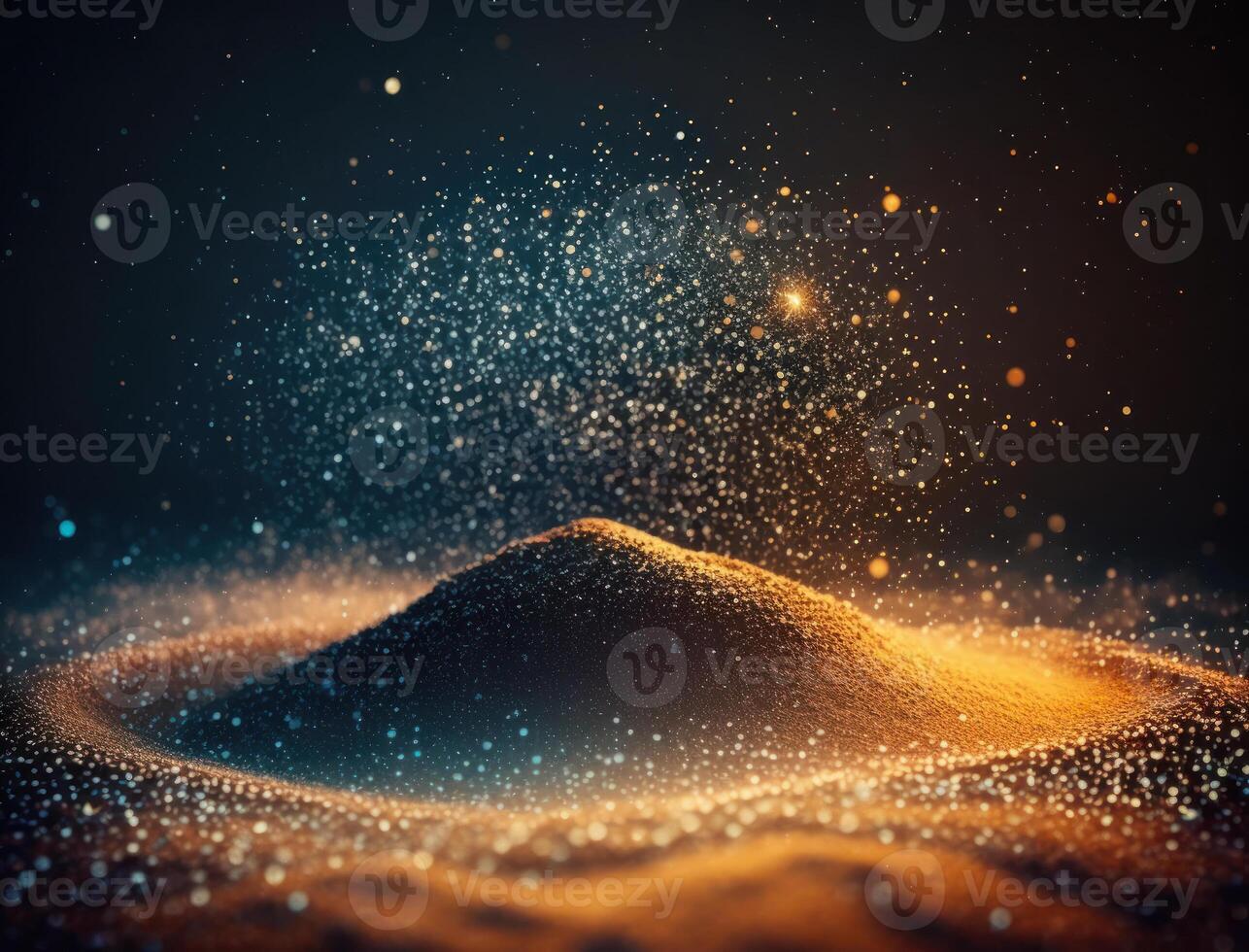 Dark blue and glow particle abstract background Blurry bokeh background with sparkles, particles and glitter created with technology photo
