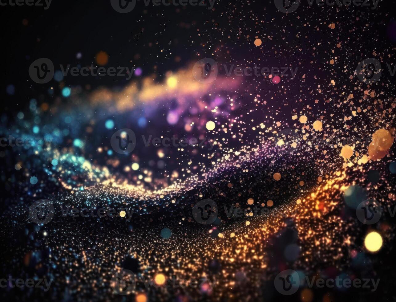 Dark blue and glow particle abstract background Blurry bokeh background with sparkles, particles and glitter created with technology photo