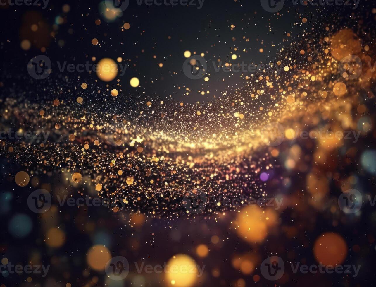 Dark blue and glow particle abstract background Blurry bokeh background with sparkles, particles and glitter created with technology photo