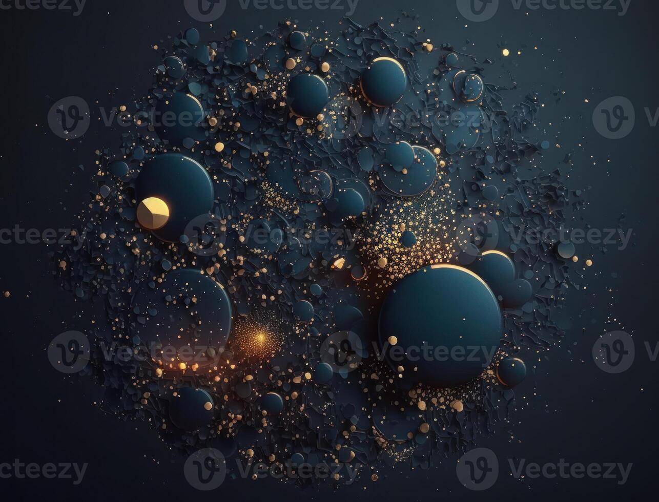 Dark blue and glow particle abstract background Blurry bokeh background with sparkles, particles and glitter created with technology photo