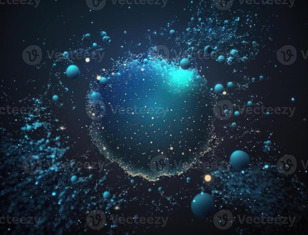 Dark blue and glow particle abstract background Blurry bokeh background with sparkles, particles and glitter created with technology photo