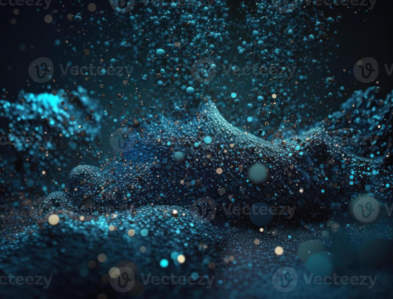 Dark blue and glow particle abstract background Blurry bokeh background with sparkles, particles and glitter created with technology photo
