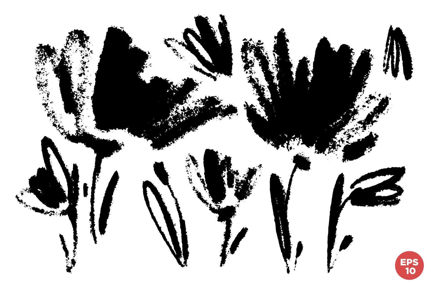 Vector set of ink drawing wild flowers, monochrome artistic botanical illustration, isolated floral elements, hand drawn illustration.