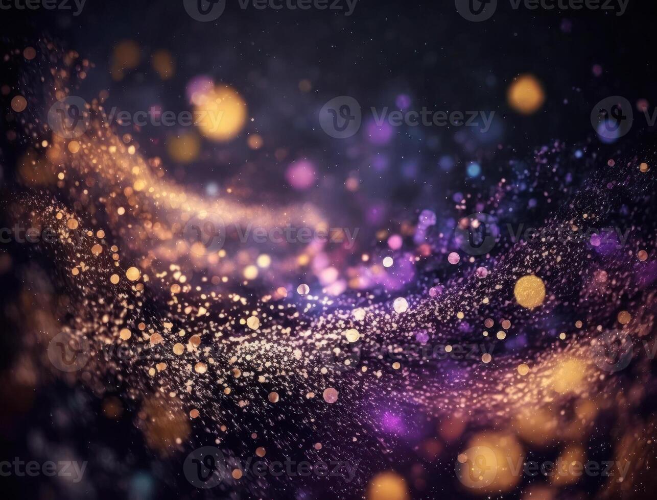 Dark blue and glow particle abstract background Blurry bokeh background with sparkles, particles and glitter created with technology photo