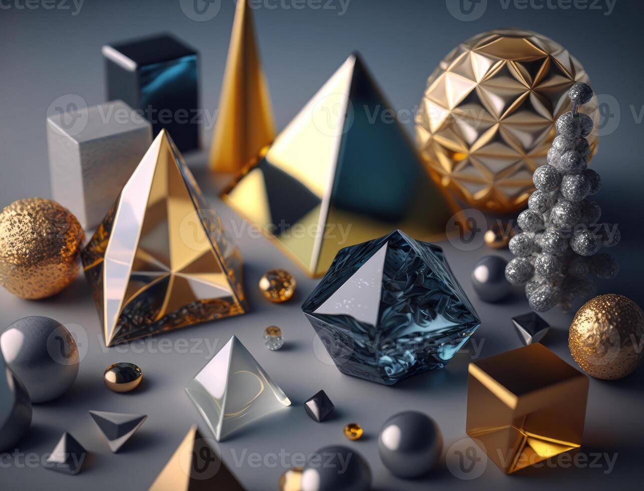Abstract chaotic geometric background Glossy pyramids and spheres background created with technology photo