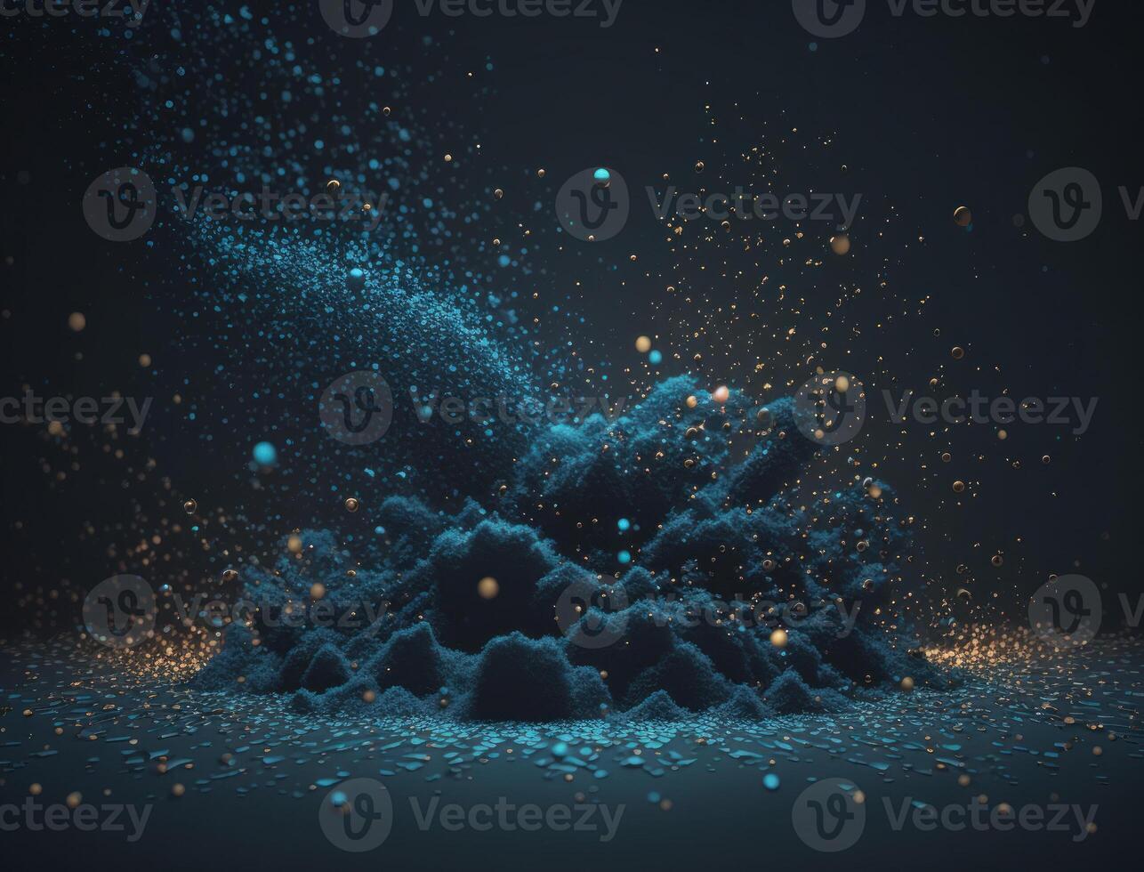 Dark blue and glow particle abstract background Blurry bokeh background with sparkles, particles and glitter created with technology photo