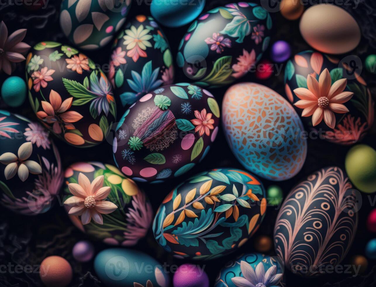 Happy Easter background concept with colorful easter eggs flat lay created with technology photo